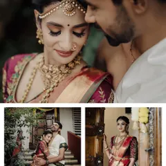 This collage showcases the couple's elegance and traditional charm. It combines an intimate close up with full-length portraits, offering a complete story of their wedding day look and connection.