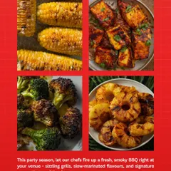 At my live BBQ station, our chefs fire up the grill with slow marinated vegetables and paneer. This collage shows some favourites: charred corn, paneer tikka, grilled broccoli, and sweet pineapple.
