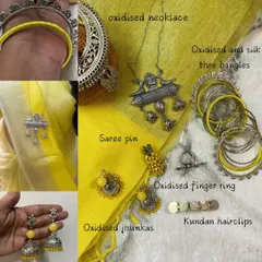 An entire accessory set built around a yellow theme, including an oxidised necklace, silk thread bangles, jhumkas, a saree pin, a finger ring, and a Kundan hairclip.