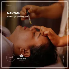 Nasyam is a traditional Ayurvedic therapy for cleansing the head and nasal passages. Medicated herbal oils are administered through the nostrils to help clear sinuses, relieve headaches, and improve mental clarity.