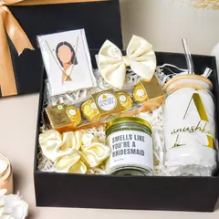This beautifully arranged bridesmaid proposal hamper shows my skill in styling and capturing gift sets. The composition highlights each item, from the custom candle to the sipper, creating an aspirational image that drives sales.