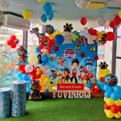 No job is too big, no pup is too small for this Paw Patrol birthday bash! This popular theme features a vibrant backdrop with the whole crew, character balloon sculptures, and custom-printed stands, all set up for an action-packed celebration.