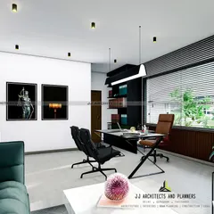 A different angle of the first home office concept, showing the comfortable seating area for informal meetings. The large window with blinds allows for control over natural light.