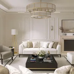 We designed this neo-classical drawing room to be a space of refined living. The design uses classic wall mouldings, a grand chandelier, and a symmetrical layout to achieve a timeless elegance that feels both luxurious and welcoming.
