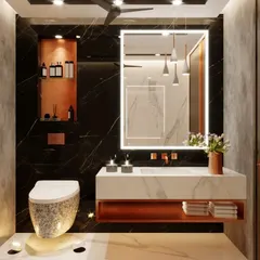 This design uses dramatic black marble with striking veins, contrasted with a white marble vanity and rose gold fixtures. The built-in lit niche provides stylish and practical storage for essentials.