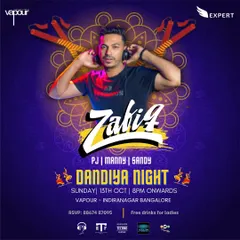 A poster for a Dandiya Night at Vapour Indiranagar. I always curate a special set with high energy Garba and Bollywood tracks for these festive occasions.