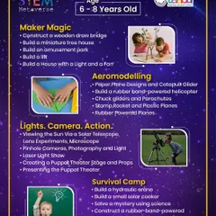 The STEM camp for kids aged 6-8 dives deeper with activities like building a miniature treehouse, creating a puppet theater, and even a survival camp module where they build a solar cooker.