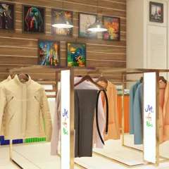 A look at the custom-designed clothing display racks. The racks have built-in lighting and space for the brand logo, making the merchandise stand out. The wooden back wall adds warmth and texture to the retail space.