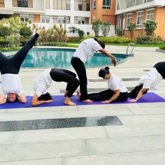 Together, we are stronger. This photo from one of our outdoor sessions captures the fun, creativity, and supportive energy that defines our community at Shree Yoga Academy.