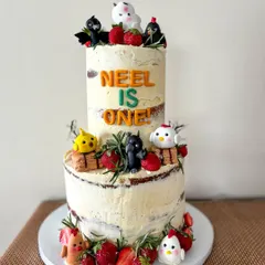 This cake was for a little one who loves crows, chickens, and strawberries. I created this two-tiered semi-naked cake with minimal buttercream and decorated it with fresh strawberries and adorable, handmade fondant birds. It shows how I can turn a few favorite things into a cohesive, rustic cake design.