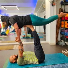 A variation of the bird pose, demonstrating the strength and grace that can be achieved through partner practice.