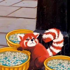 Another scene from my red panda wedding series. Here, the curious creature is peeking over traditional bowls of flowers.