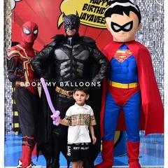 Your child's heroes can join the party! I arrange for professional mascot and costume entertainers, like this superhero squad with Spiderman, Batman, and Superman, who pose for photos and make the birthday boy or girl feel like the star of the show.