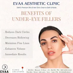 This graphic details the benefits of under-eye fillers. This treatment offers immediate results by reducing dark circles, decreasing hollowing, minimizing fine lines, and enhancing volume for a refreshed look.