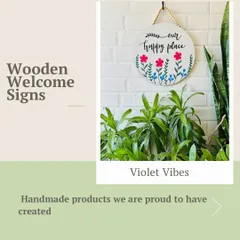 A graphic showcasing our handmade wooden welcome signs. This 'Our Happy Place' sign is a perfect example of the unique, hand-doodled pieces we create to add warmth to your home.