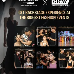 Our students get exclusive backstage access at major fashion events like Global India Couture Week. This collage shows them in action, gaining hands-on editorial makeup experience with real models, a core part of our industry-focused curriculum.