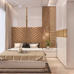 A bedroom should be your personal sanctuary. I designed this space with layers of texture, from the chevron-patterned upholstered headboard to the intricate wooden jali screen, creating a modern yet warm retreat.