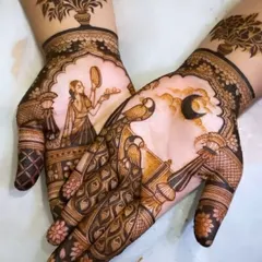 This unique design combines the Karwa Chauth ritual with majestic peacock figures. The woman looking at the moon through a sieve is beautifully contrasted with the bold peacock art.