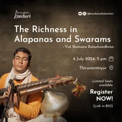 My workshops are designed for any curious Carnatic musician, vocal or instrumental. This poster was for a session on finding richness in Alapanas and Swarams, a core part of my `manodharma` training.