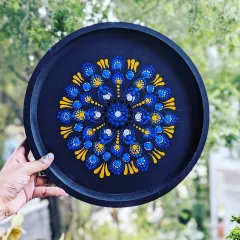 A beautifully finished blue and yellow dot mandala on a black plate, held up against a natural green background. The precision and color combination are fantastic.
