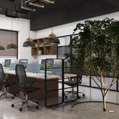 This render illustrates a concept for an open-plan office that incorporates biophilic design. The inclusion of a central tree and ample natural light is intended to create a healthier and more productive work environment for the team.