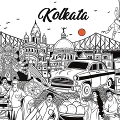 This is a detailed doodle art piece celebrating the vibrant culture of Kolkata. It combines famous landmarks, cultural icons, and street life into a single, intricate black and white illustration.