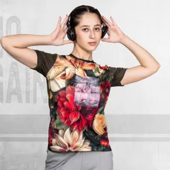 A model wearing a floral-printed athletic t-shirt and headphones, creating a modern and stylish look for a gym wear campaign.