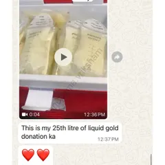 A screenshot from my student Madhu, sharing that she has reached her 25th litre of "liquid gold" donation. Her dedication is truly inspiring and will help so many little ones.