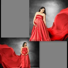 This collage is a creative way to showcase multiple poses from one session. It highlights the versatility of a studio shoot with the dramatic red gown.