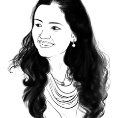 A detailed digital sketch of a woman with flowing hair. This black and white line art captures her gentle smile and is a great example of a simple yet expressive portrait.