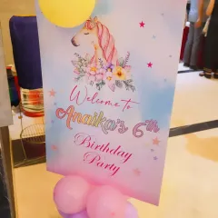 The first thing guests saw at Anaika's 6th birthday party. This personalized unicorn-themed welcome sign sets the magical tone right from the entrance.