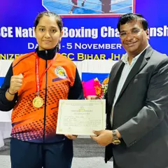 Prisha Pawar receiving her certificate and gold medal at the All India CISCE National Games. This victory is a result of consistent training and a champion's mindset, which we instill in all our fighters.