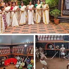 A collage from our Kerala retreat, showing the traditional welcome, a demonstration of the ancient martial art Kalaripayattu, and our group observing the performance.