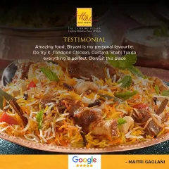 "Amazing food, Biryani is my personal favourite." This testimonial highlights some of our most loved dishes, including Tandoori Chicken and Shahi Tukda, and recommends a visit.