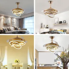 A collage showing our modern fandelier in various settings. It's a versatile piece that works well in living rooms, bedrooms, and even kitchens.