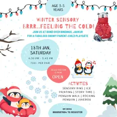 An invitation to our fabulous Winter Sensory Playdate for parents and children. The session included sensory bins with arctic animals, ice painting, a penguin walk, and lots of snowy fun.