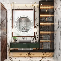 This master bathroom design features a floating green vanity against a white and gold marble wall. The large, circular backlit mirror serves as a modern and artistic centerpiece.