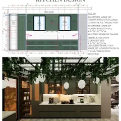 This image shows both the technical blueprint and the final 3D render for a modern kitchen. The design features matte olive green cabinets, a white marble countertop, and a ceiling with a sunroof and integrated greenery, demonstrating how I translate precise plans into beautiful, functional spaces.