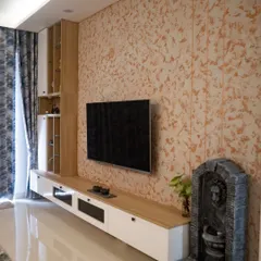 Another angle of the custom TV unit, showing how it integrates with the living space. The floating design of the console keeps the floor clear, making the room feel more spacious.