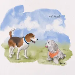A fun day out! This custom pet portrait captures a playful meeting between two furry friends. I love illustrating the social and happy moments in a pet's life, using a soft watercolor style to show their joy.