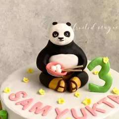 This Kung Fu Panda cake topper was so much fun to make! Po is enjoying his bowl of dumplings, all ready for a third birthday celebration.