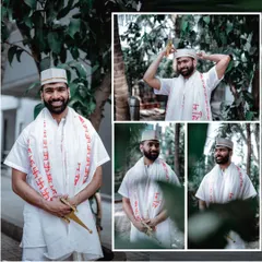 A collage of the groom's Haldi portraits, showing various playful and traditional poses.