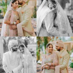 A four-part collage of a couple's portraits, mixing color and black and white to showcase their romantic moments.