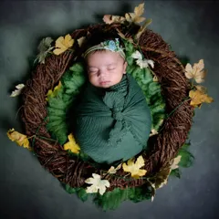 I love using natural elements in my newborn photography. Here, a baby is wrapped in a deep green swaddle, nestled inside a rustic wreath of autumn leaves for an earthy, organic feel.