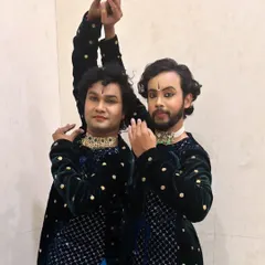 A powerful pose from a duet performance based on the Tandava Stotram. This showcases the dynamic and strong masculine energy that can be expressed through classical Indian dance.