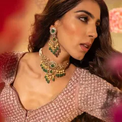A close-up from the Surabhi Chopra campaign, focusing on the intricate details of the blouse and the perfect pairing of the jewellery.