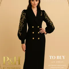 This powerful black double-breasted dress exudes timeless sophistication. The design is elevated by intricate golden pearl embroidery on the statement puff sleeves, creating a look of opulent authority.