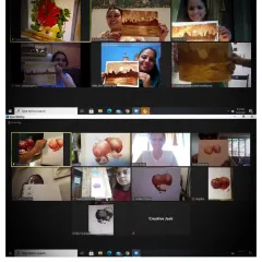 A screenshot of a live online class on Zoom, with multiple participants proudly showing their finished paintings to the camera.