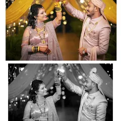 A playful dance moment under fairy lights at the wedding reception, shown in both color and black and white.