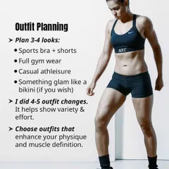 Plan for 3-4 different looks to show variety. I suggest a mix of sports bras, full gym wear, casual athleisure, and something glam like a bikini. Choose outfits that enhance your physique and muscle definition.